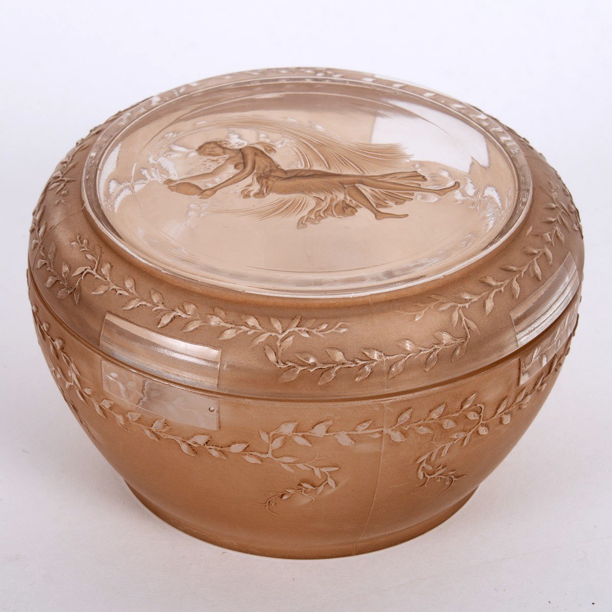 1910 René Lalique - Boîte Ermenonville Verre Blanc Patiné Sépia