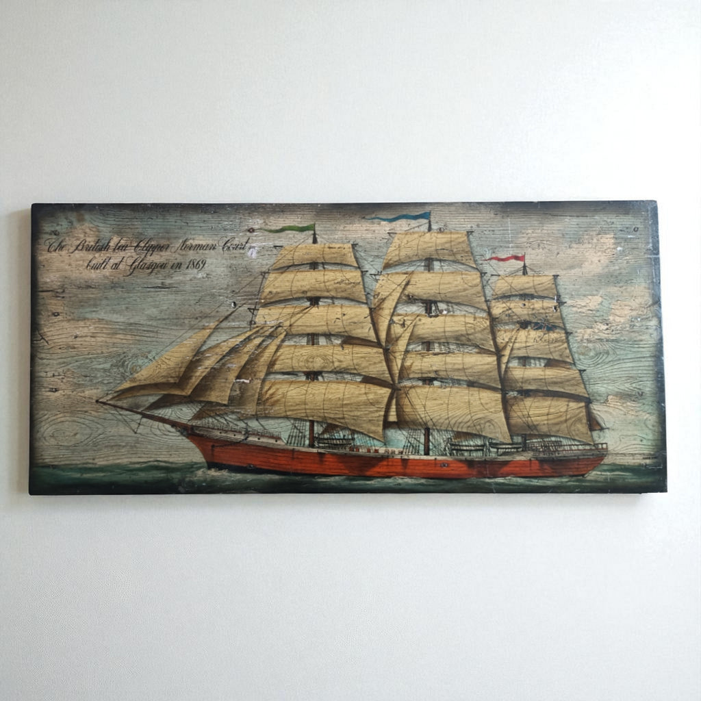 Peinture sur bois 19è siècle - Clipper à voile (55 x 120 cm)